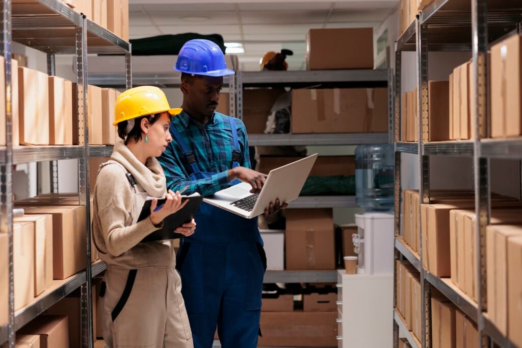 Warehouse supervisors discussing goods inventory, checking report on laptop